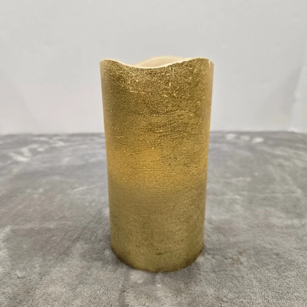 Gold Textured Flameless LED Pillar Candle 6 Inch Flickering Battery Operated